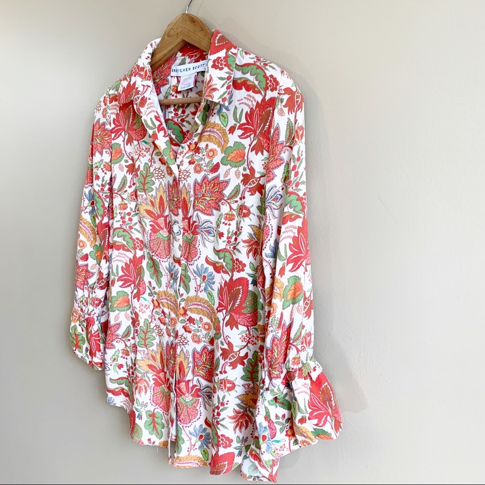 GRETCHEN SCOTT floral top Ruffle sleeve fall color RELISTED - Picture 4 of 9
